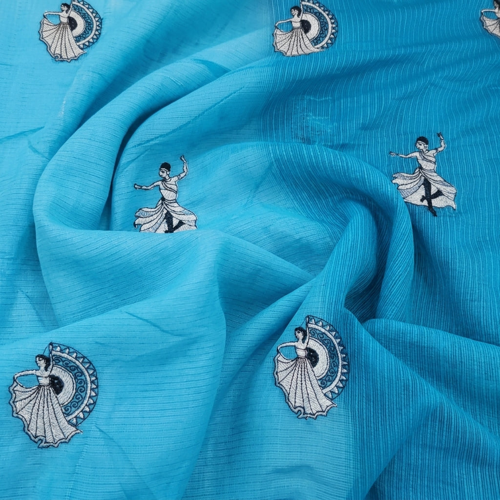 Swirled Embroidery Blue Embroidery Chanderi Fabric