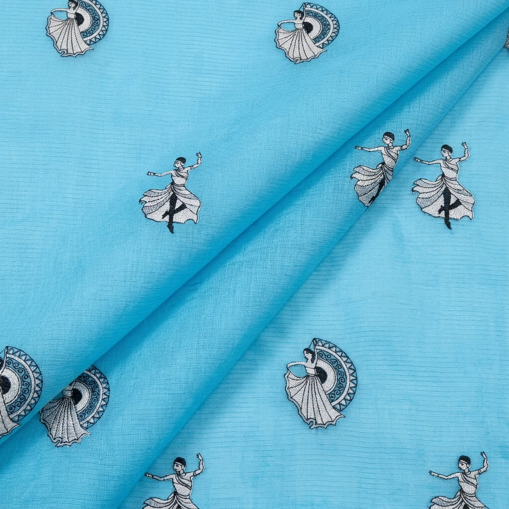 Folded Embroidery Blue Embroidery Chanderi Fabric