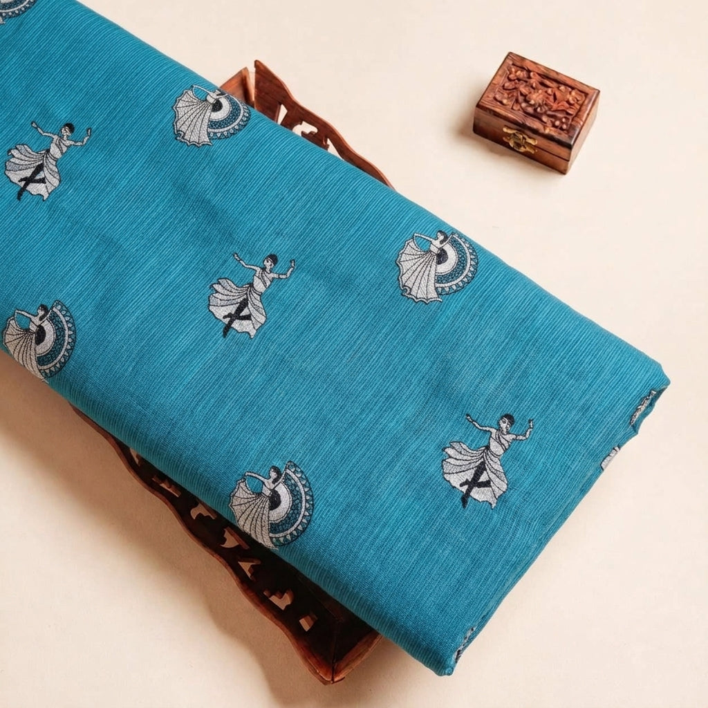 Folded Blue Embroidery Chanderi Fabric Highlighting Thread Work and Texture