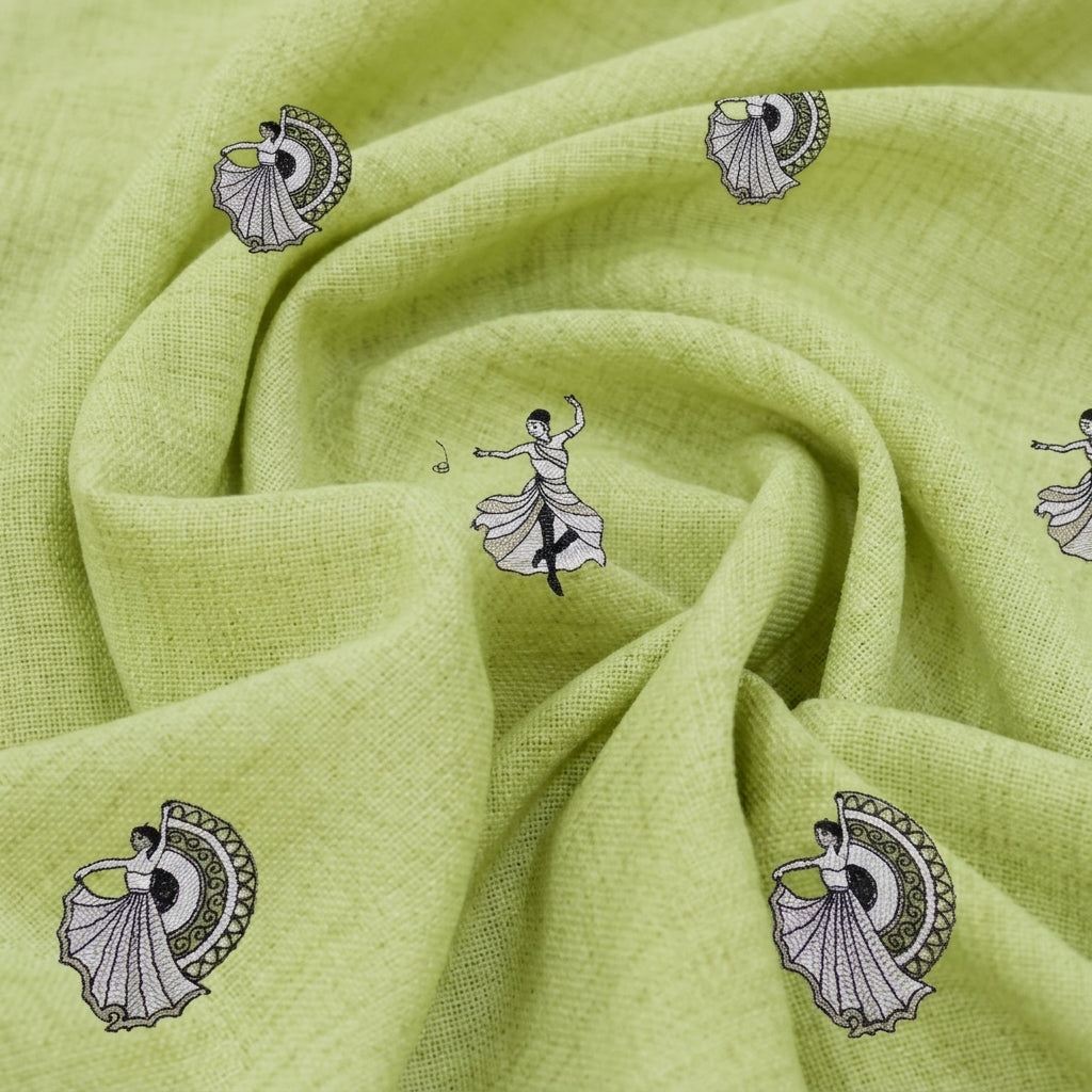 Swirled Embroidery Green Embroidery Chanderi Fabric