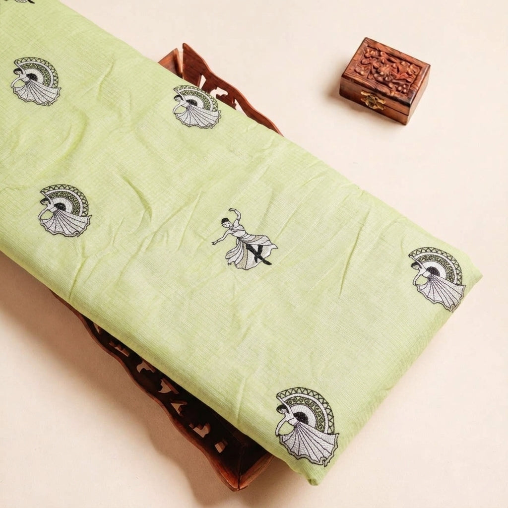 Folded Green Embroidery Chanderi Fabric Highlighting Thread Work and Texture