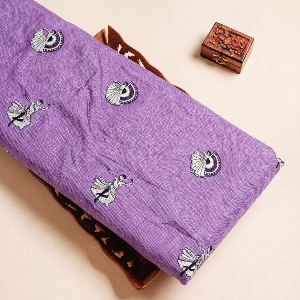 Folded Purple Embroidery Chanderi Fabric Highlighting Thread Work and Texture