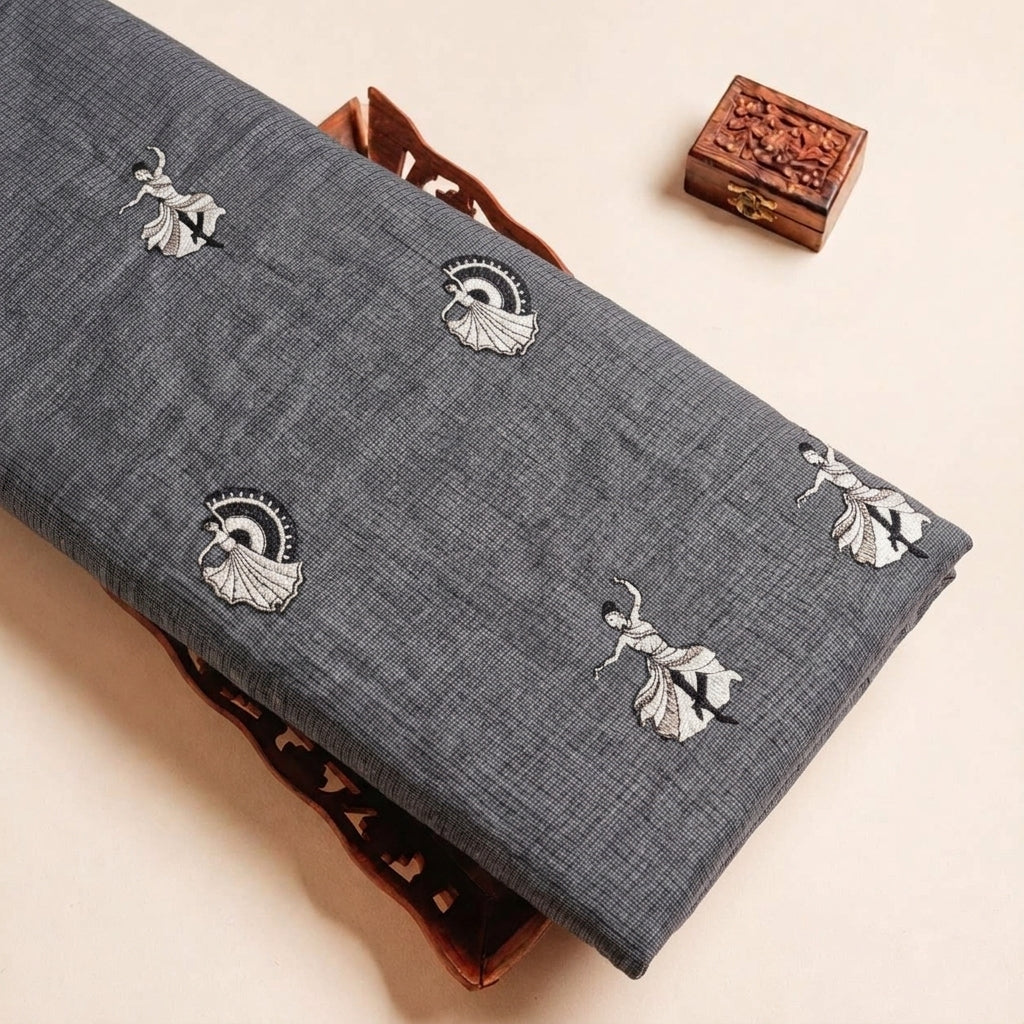 Folded Black Embroidery Chanderi Fabric Highlighting Thread Work and Texture