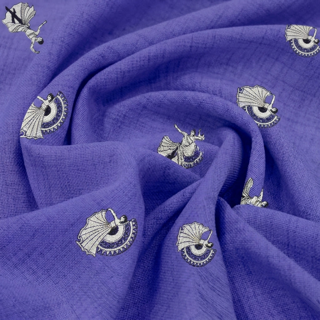 Swirled Embroidery Deep Blue Embroidery Chanderi Fabric