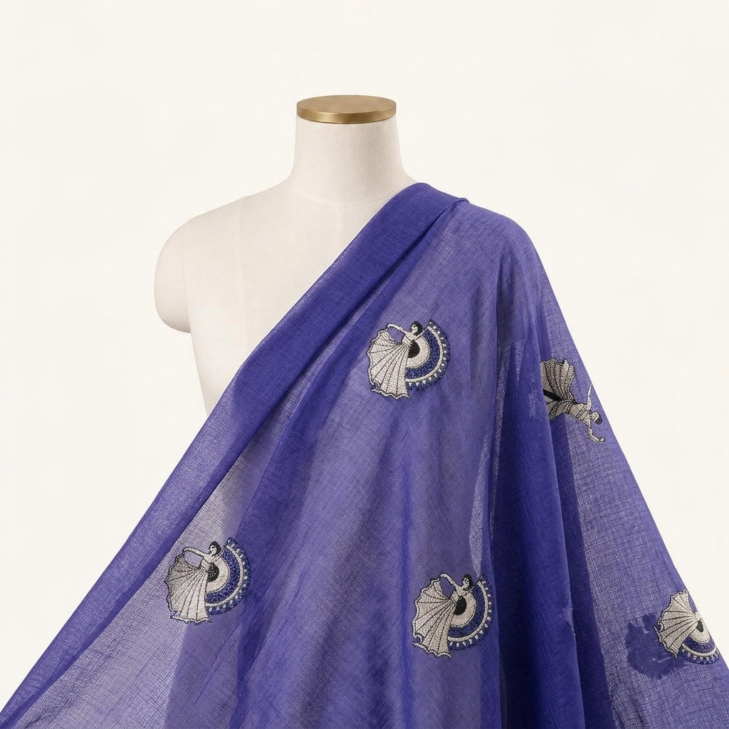 Embroidery Deep Blue Embroidery Chanderi Fabric Draped as a saree