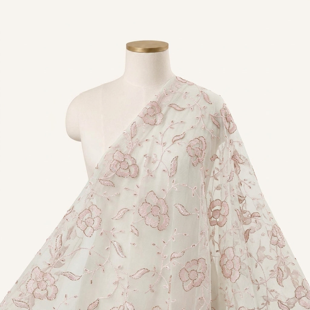 Embroidery Light Pink Embroidery Net Fabric Draped as a saree