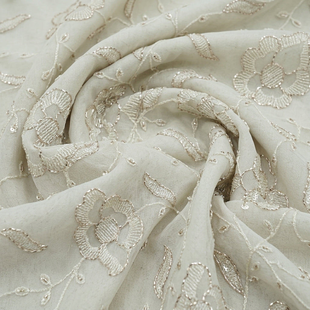 Swirled Embroidery Cream Embroidery Net Fabric