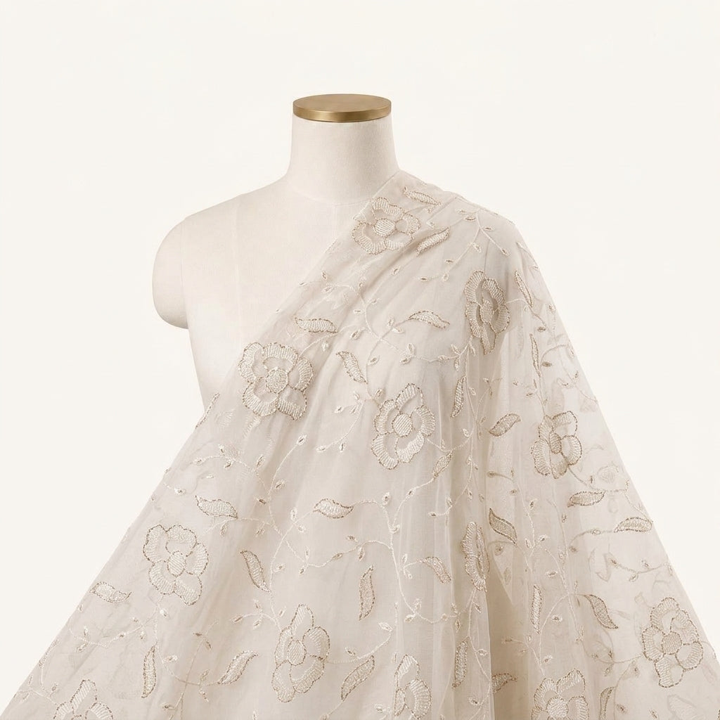 Embroidery Cream Embroidery Net Fabric Draped as a saree