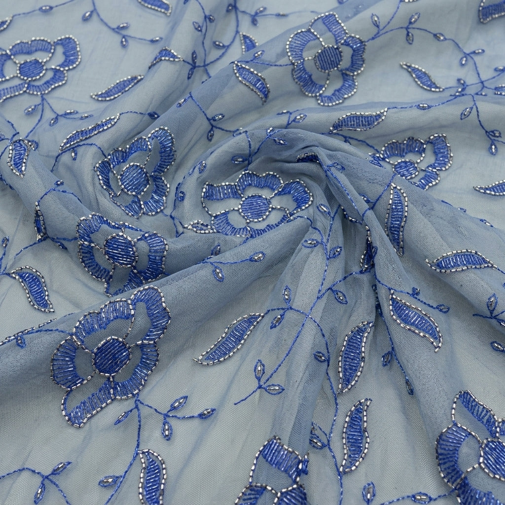 Swirled Embroidery Dark Blue Embroidery Net Fabric