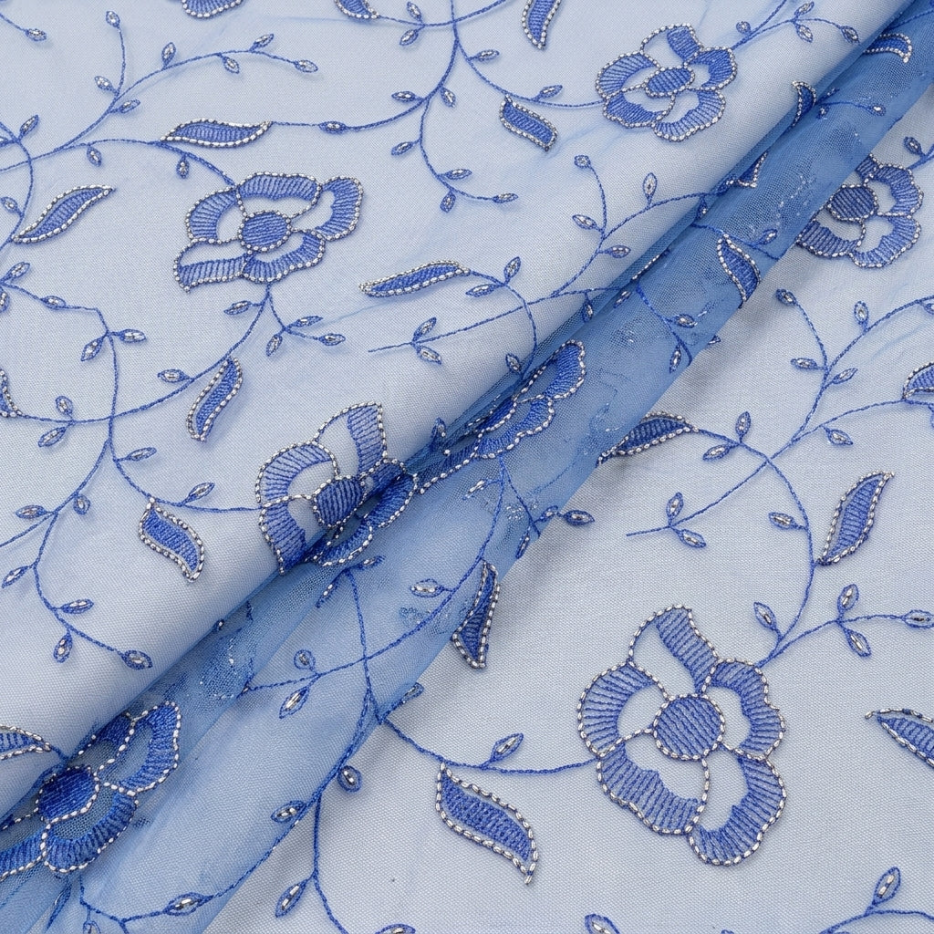 Folded Embroidery Dark Blue Embroidery Net Fabric