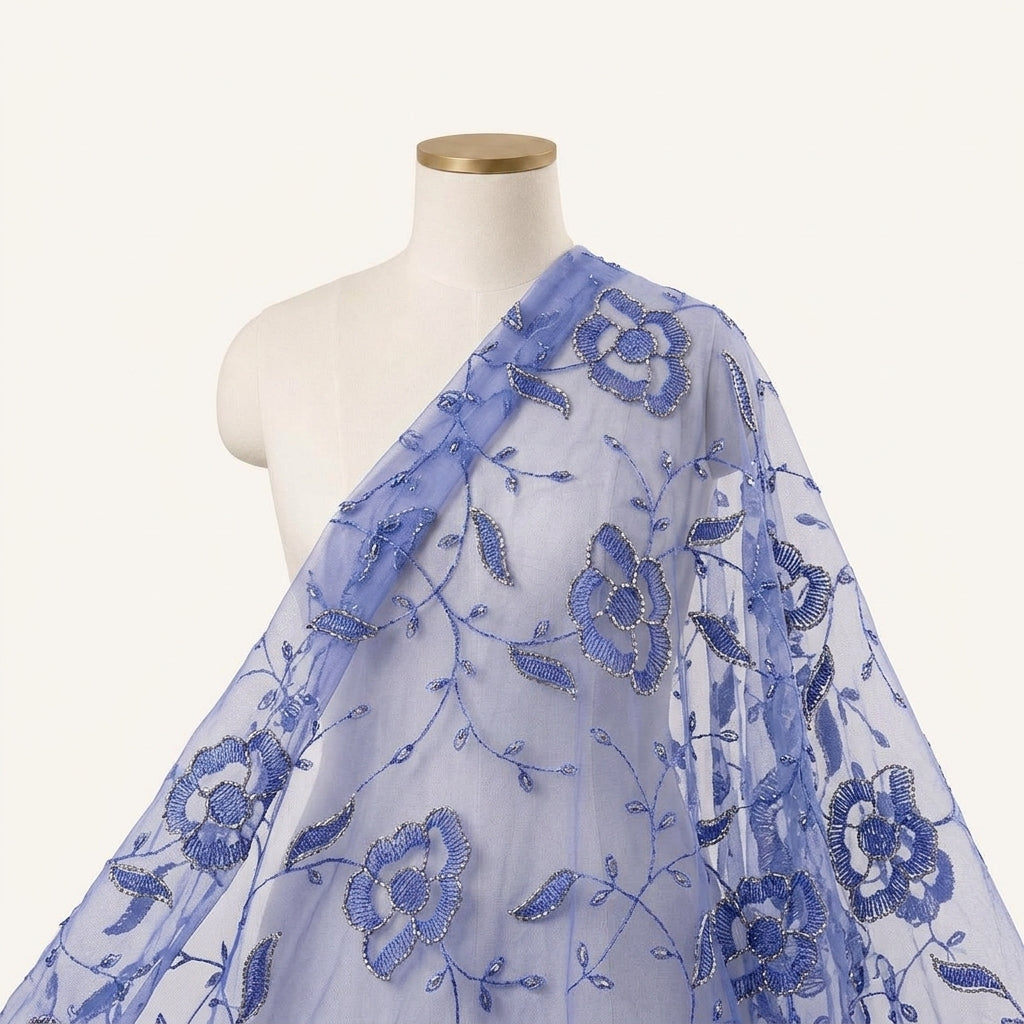 Embroidery Dark Blue Embroidery Net Fabric Draped as a saree