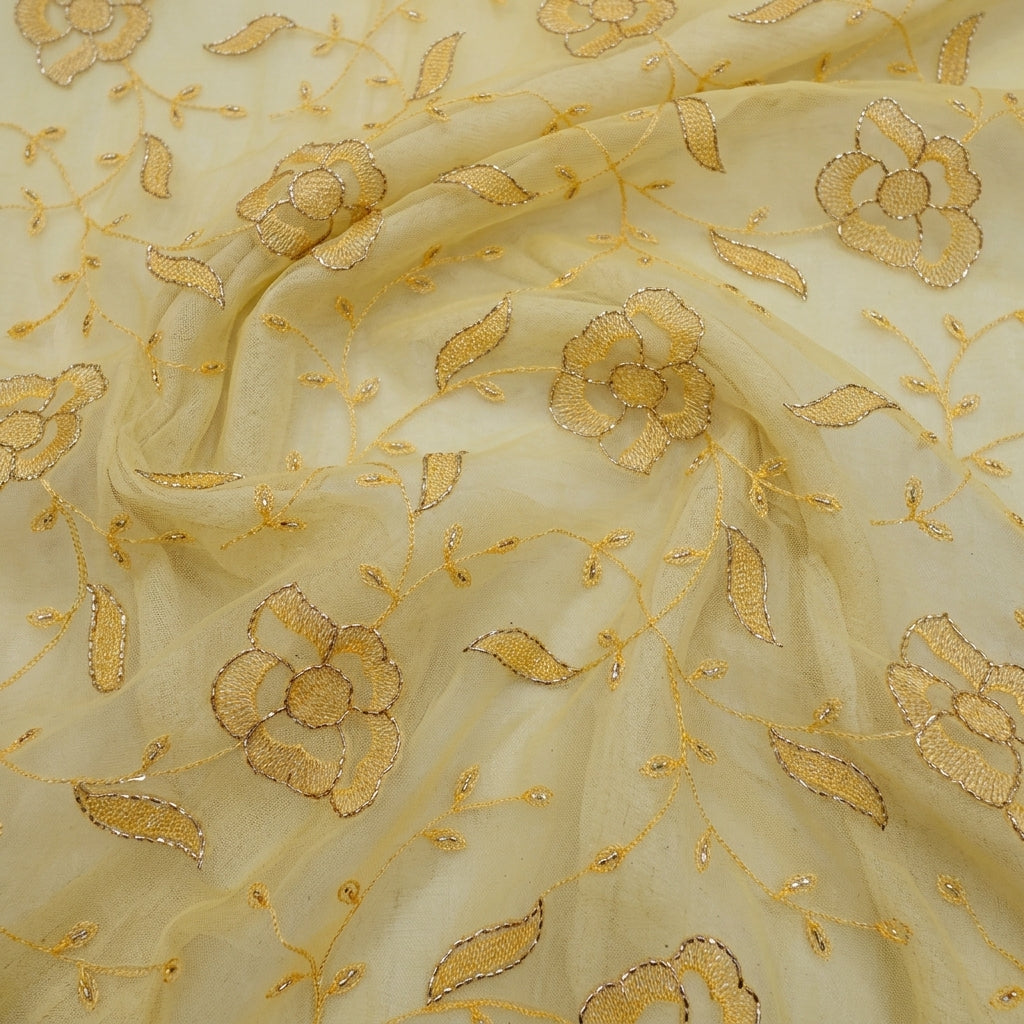 Swirled Embroidery Yellow Embroidery Net Fabric