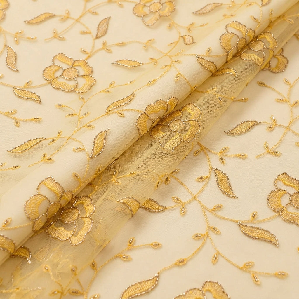 Folded Embroidery Yellow Embroidery Net Fabric