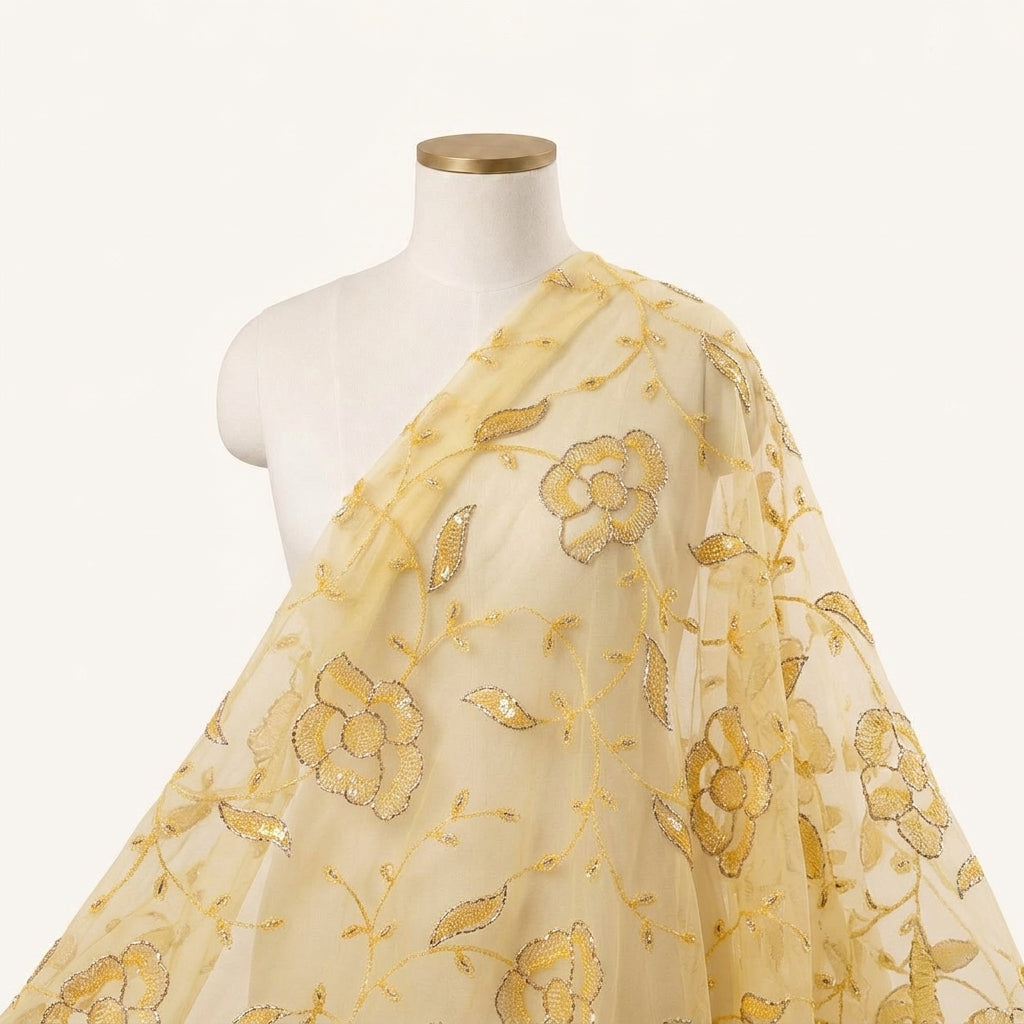 Embroidery Yellow Embroidery Net Fabric Draped as a saree