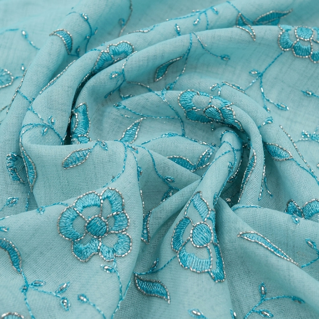 Swirled Embroidery Blue Embroidery Net Fabric