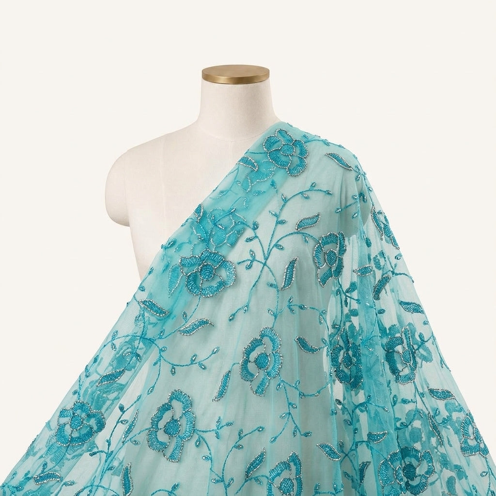 Embroidery Blue Embroidery Net Fabric Draped as a saree