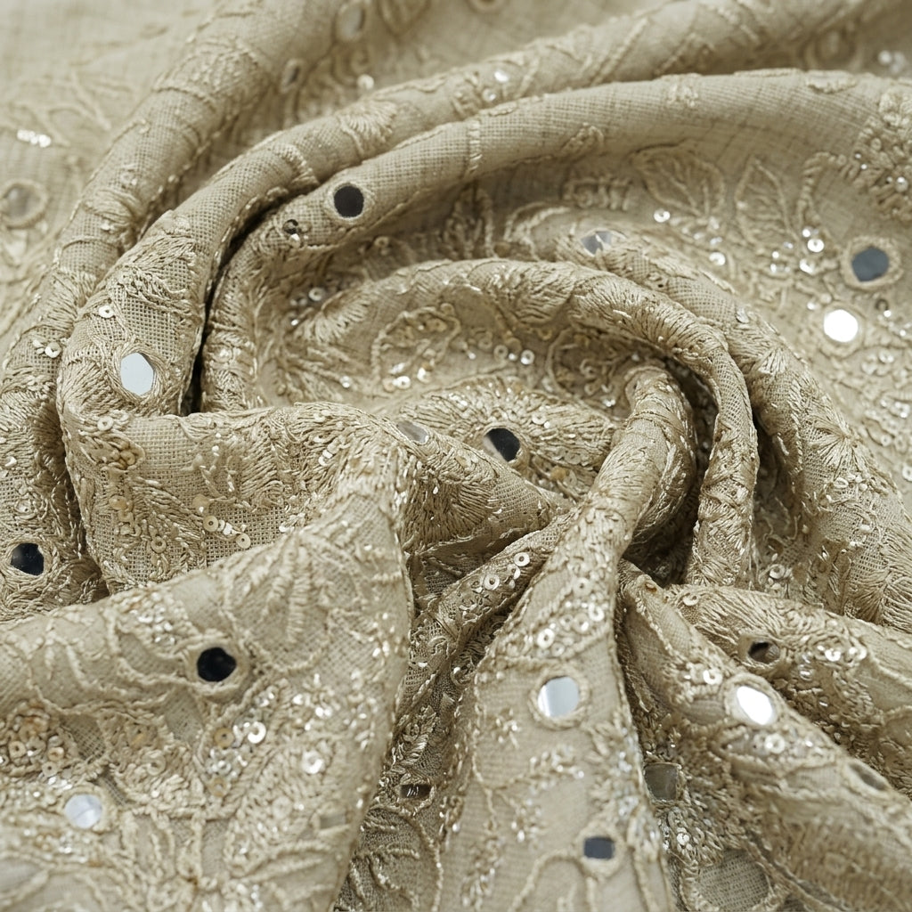 Swirled Embroidery Beige Embroidery Tissue Fabric