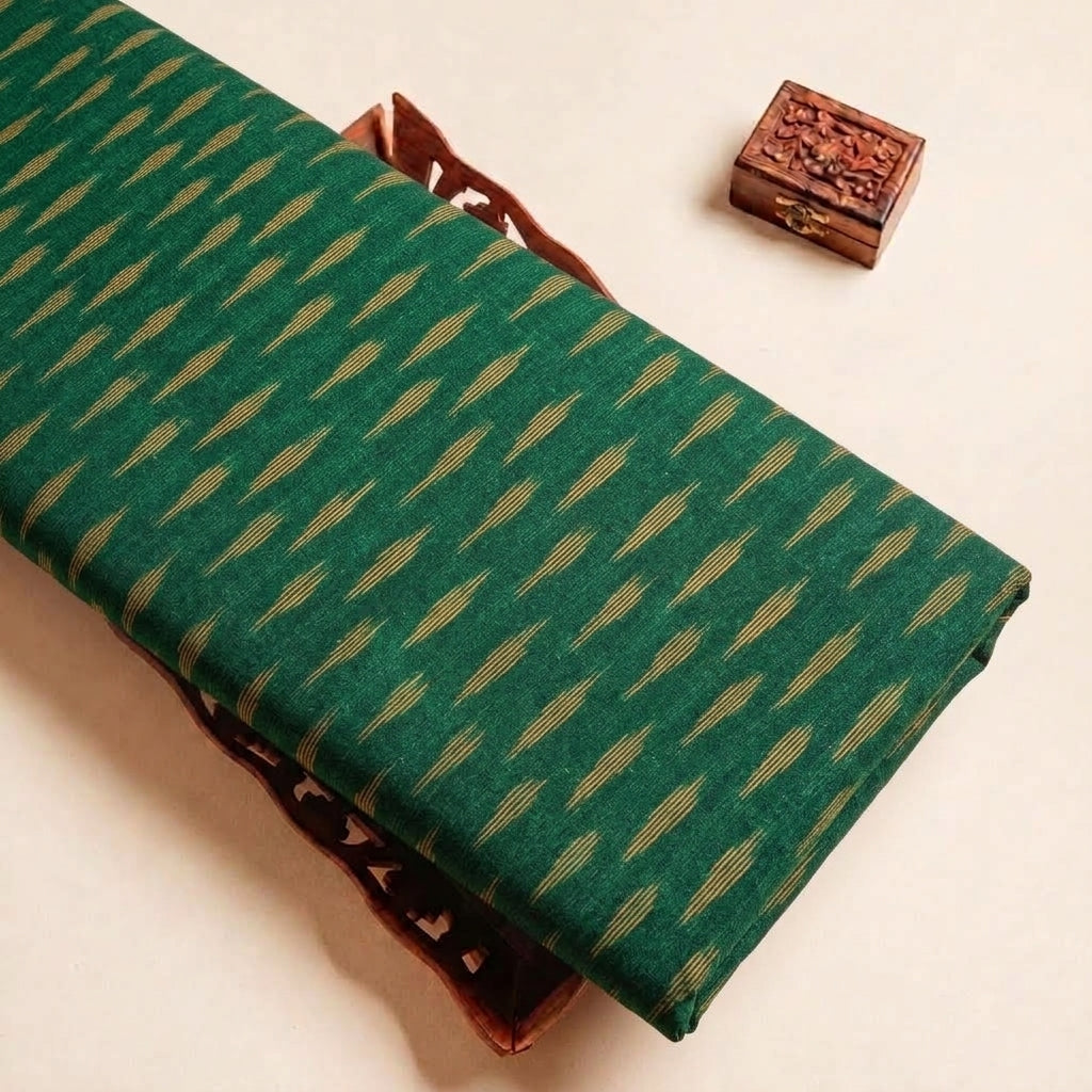 Folded Green Ikat Cotton Fabric Highlighting and Texture