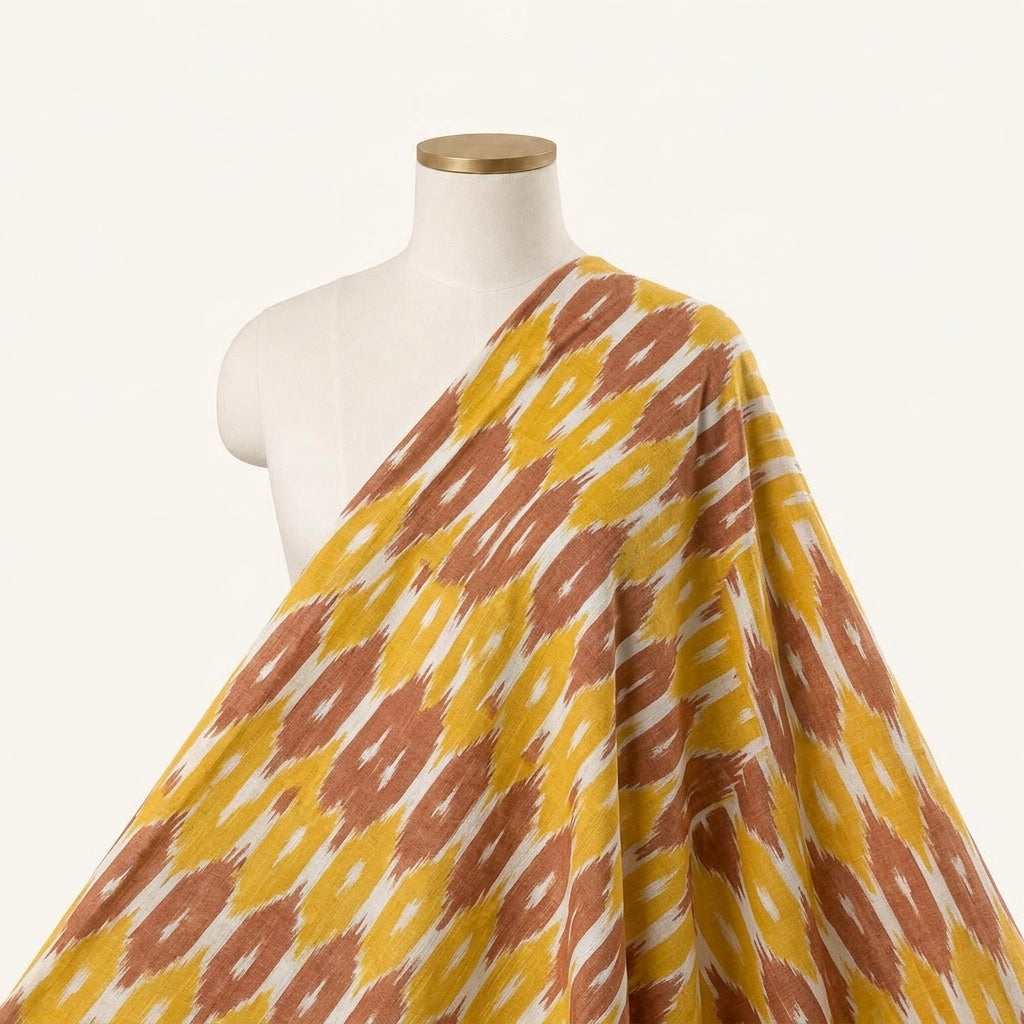 Ikat Yellow Ikat Cotton Fabric Draped as a saree