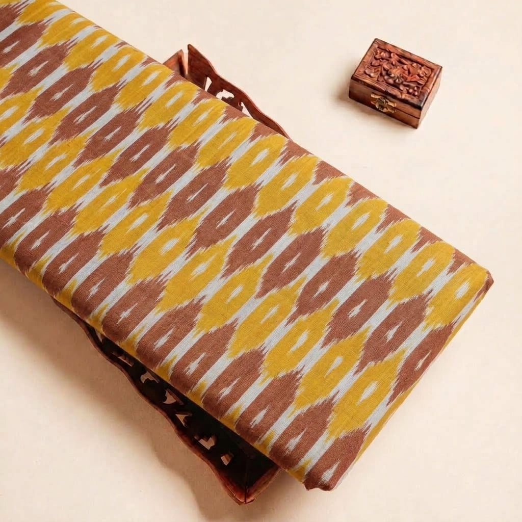Folded Yellow Ikat Cotton Fabric Highlighting and Texture