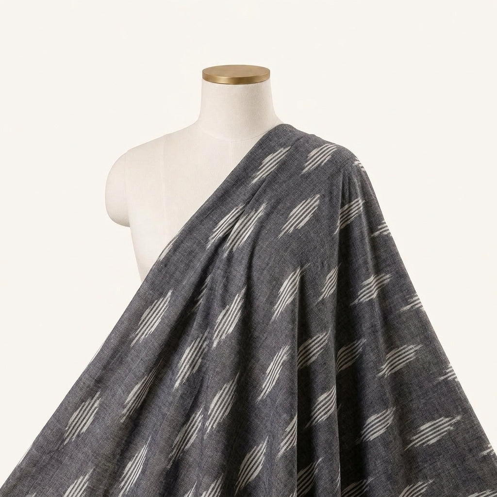 Ikat Grey Ikat Cotton Fabric Draped as a saree