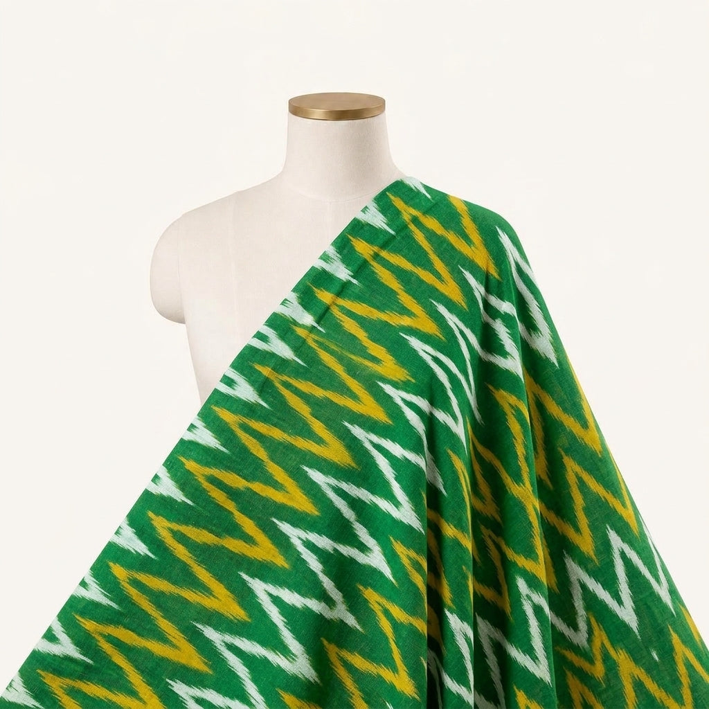 Ikat Green Ikat Cotton Fabric Draped as a saree