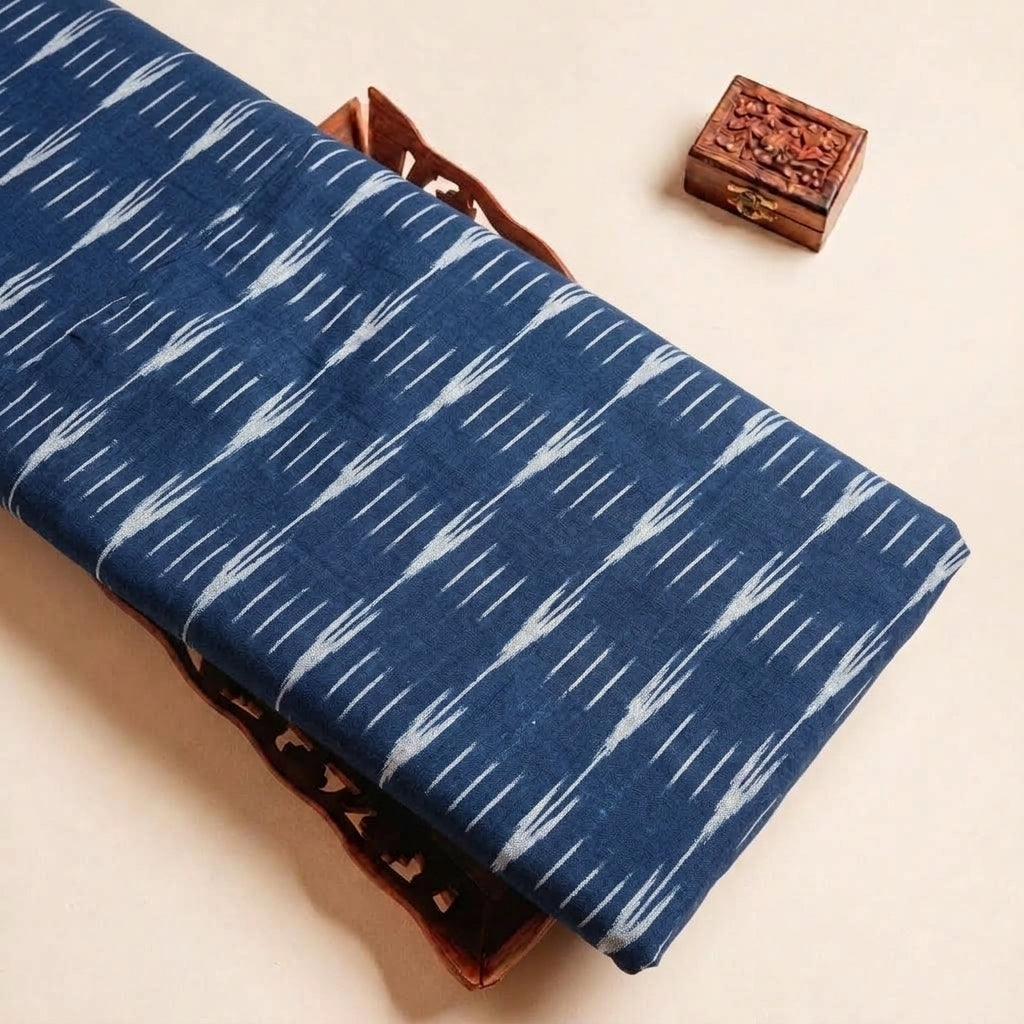 Folded Indigo Ikat Cotton Fabric Highlighting and Texture