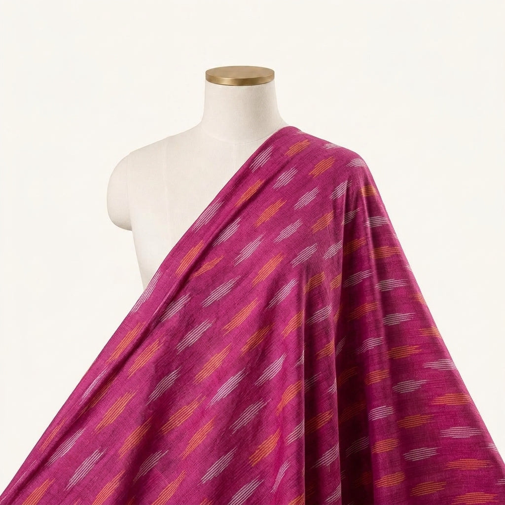 Ikat Pink Ikat Cotton Fabric Draped as a saree