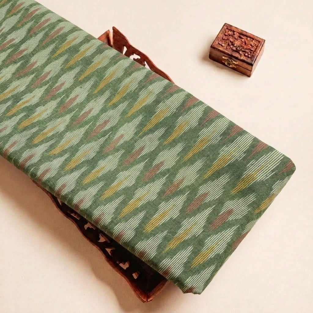 Folded Green Ikat Cotton Fabric Highlighting and Texture