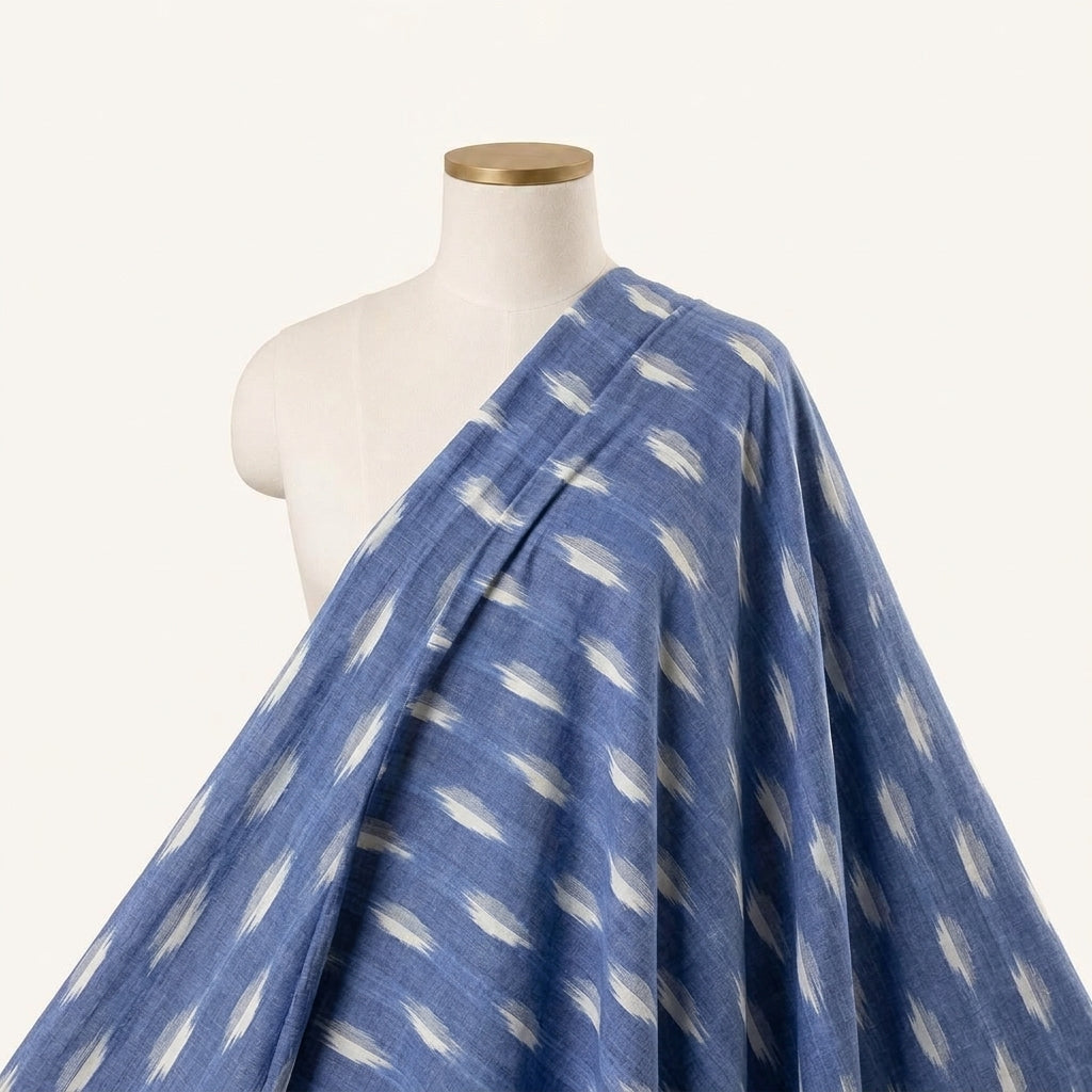 Ikat Blue Ikat Cotton Fabric Draped as a saree