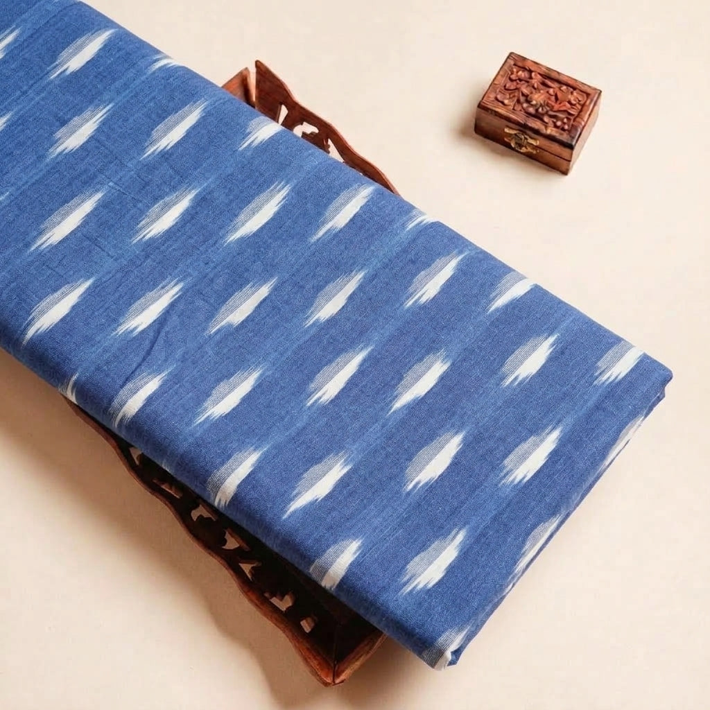 Folded Blue Ikat Cotton Fabric Highlighting and Texture