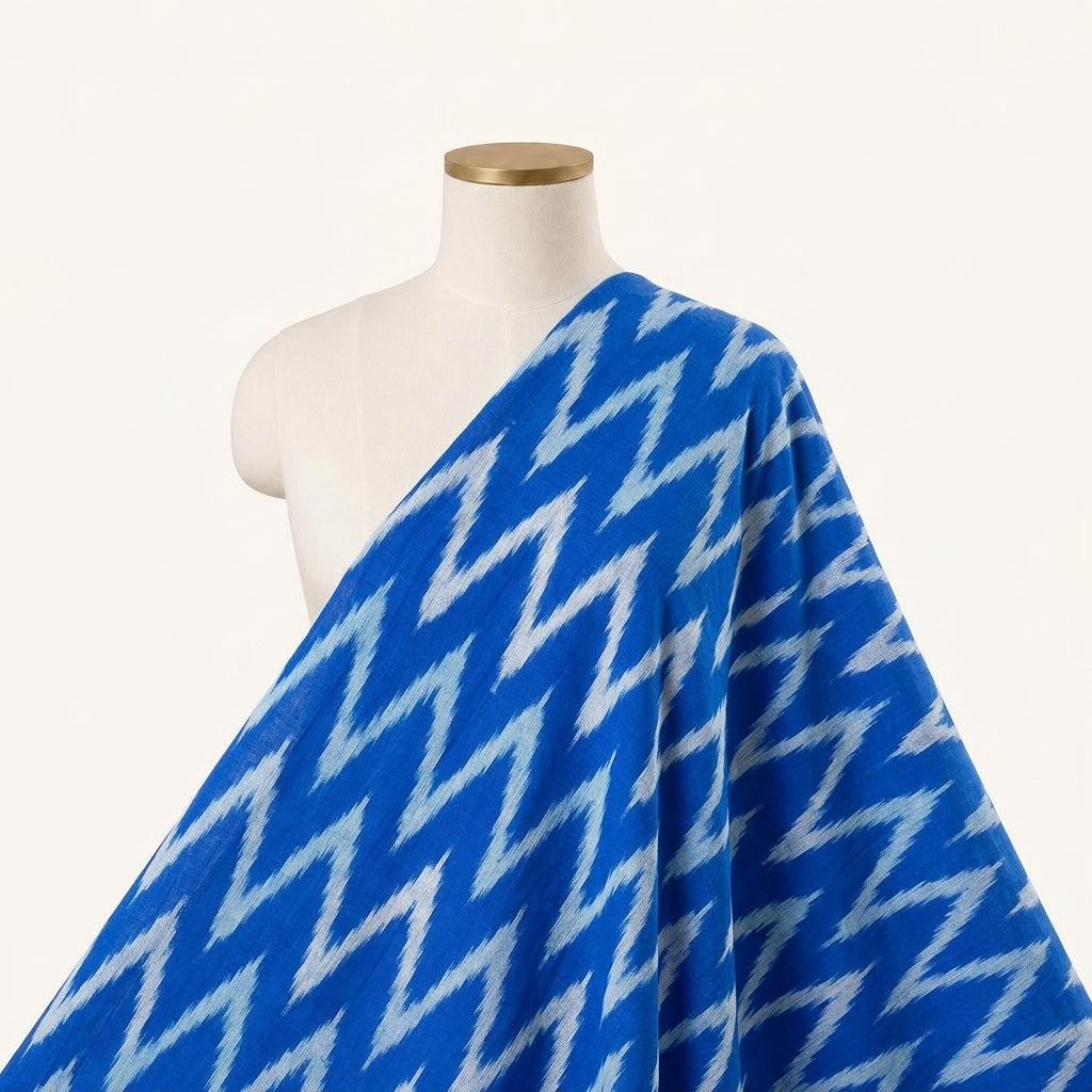 Ikat Blue Ikat Cotton Fabric Draped as a saree