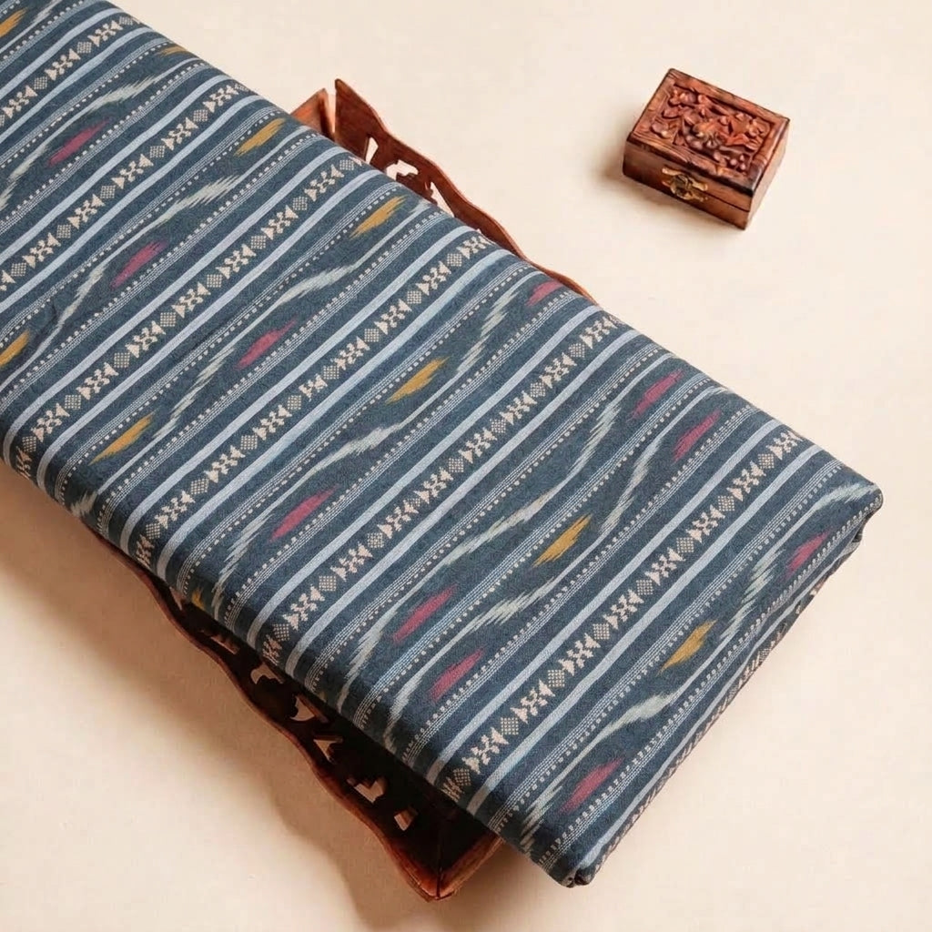 Folded Green Ikat Cotton Fabric Highlighting and Texture