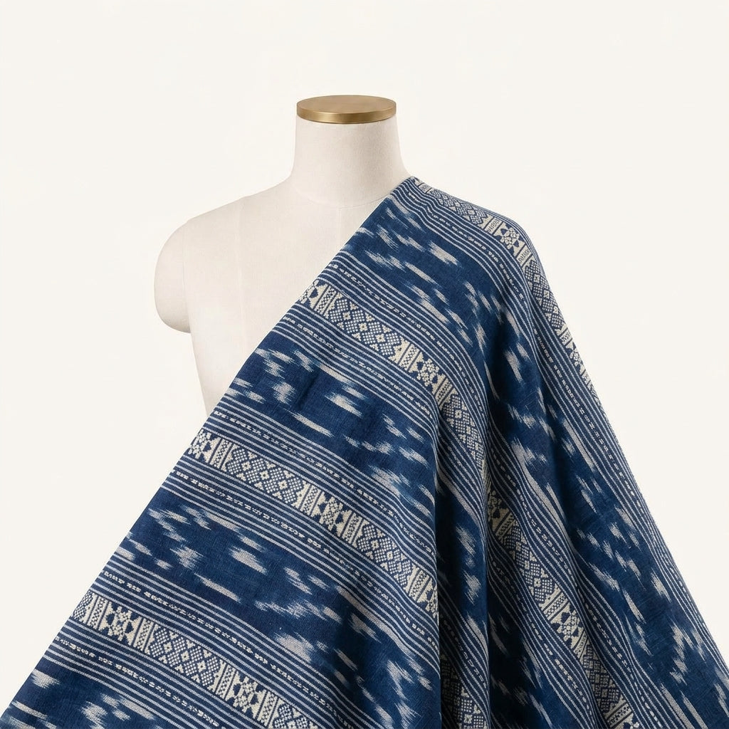 Ikat Blue Ikat Cotton Fabric Draped as a saree