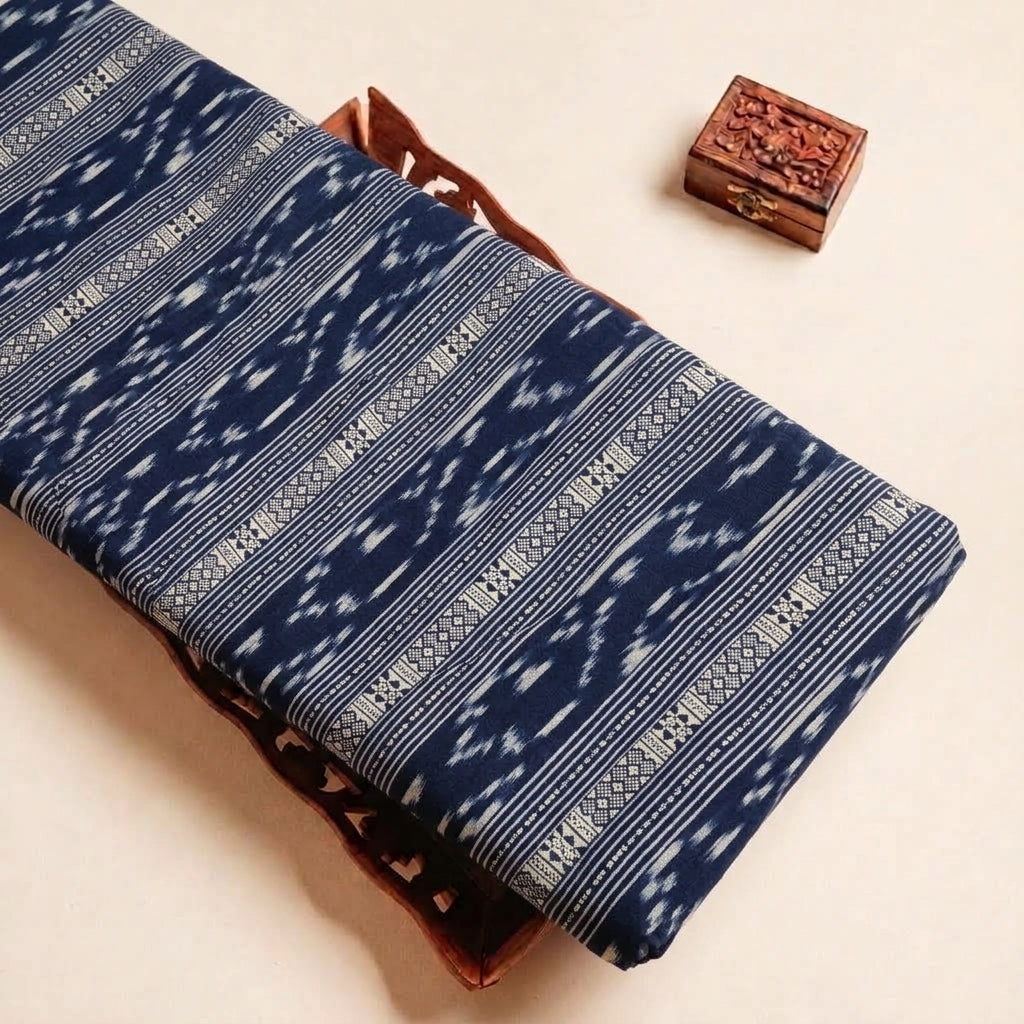 Folded Blue Ikat Cotton Fabric Highlighting and Texture