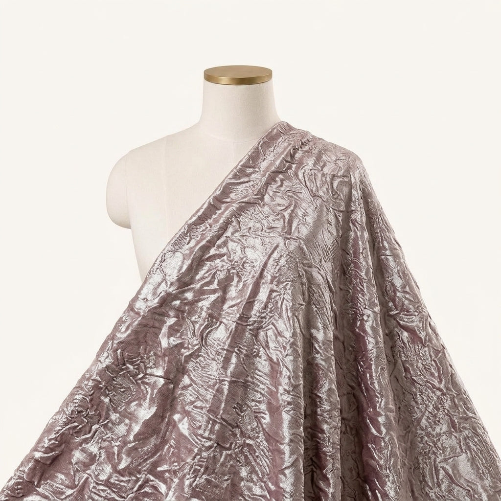 Embossed Foil Floral Mauve Embossed Foil Floral Crepe Fabric Draped as a saree