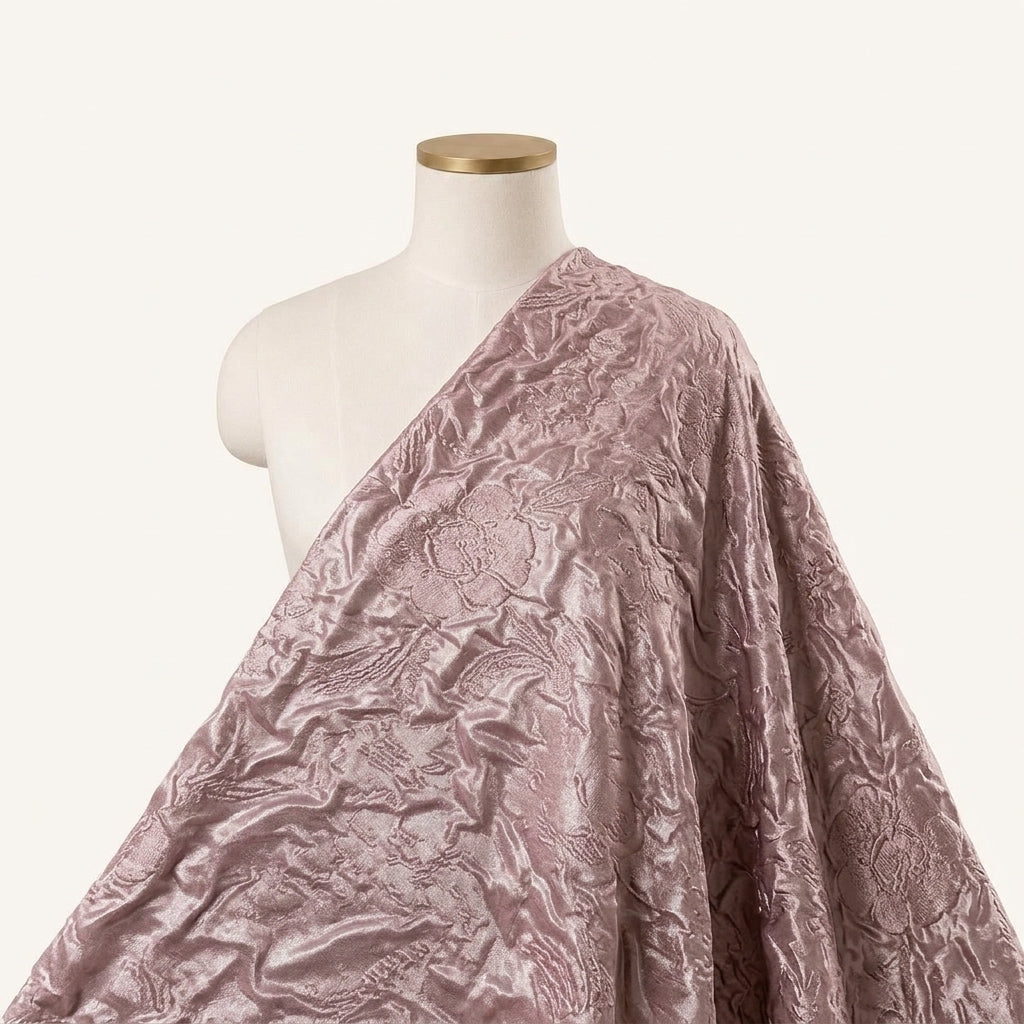 Embossed Foil Floral Violet Embossed Foil Floral Crepe Fabric Draped as a saree