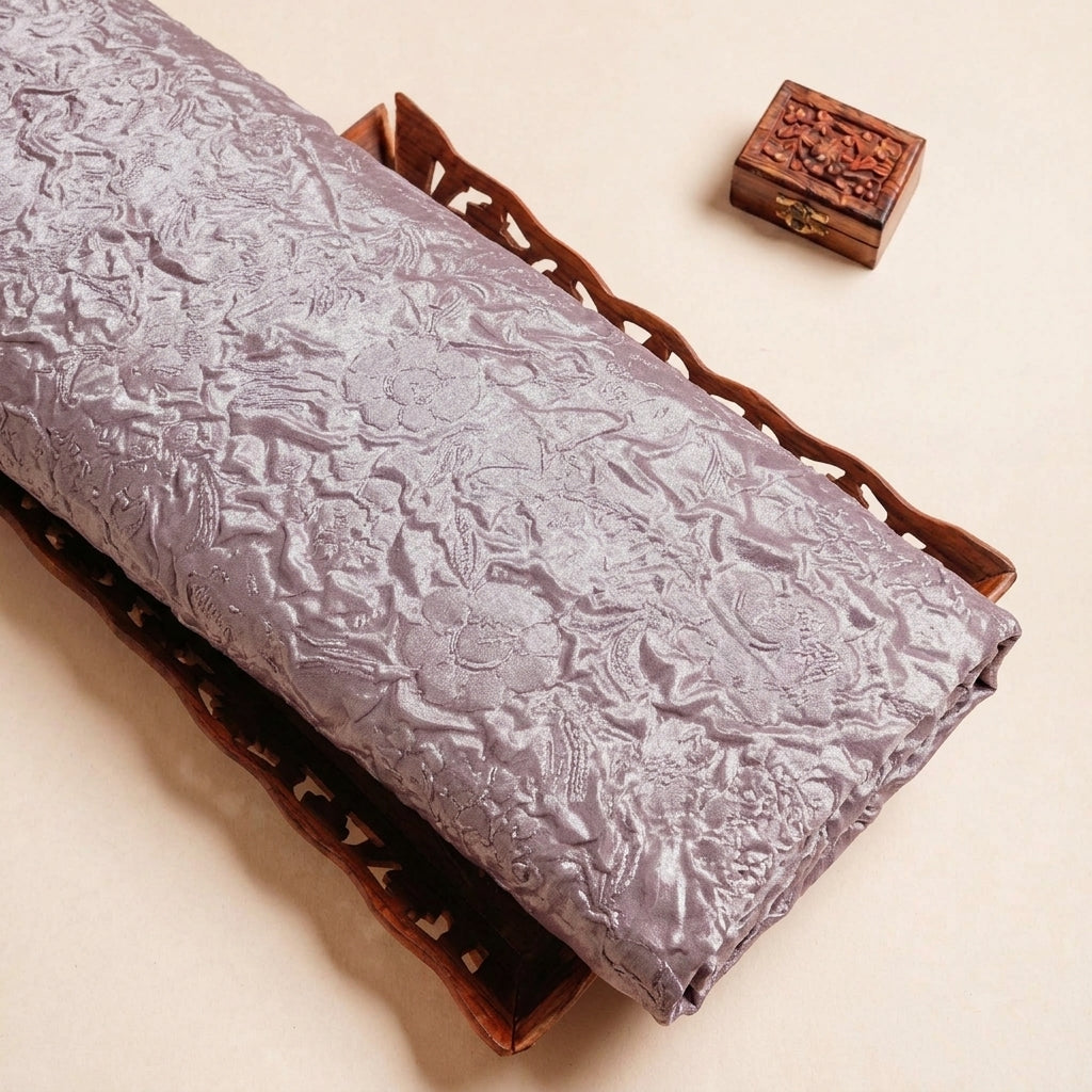 Folded Violet Embossed Foil Floral Crepe Fabric Highlighting Crushed and Texture