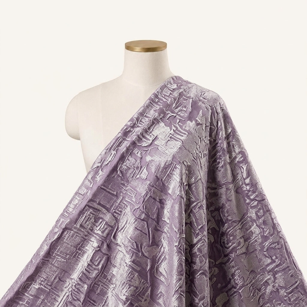Embossed Foil Floral Purple Embossed Foil Floral Crepe Fabric Draped as a saree