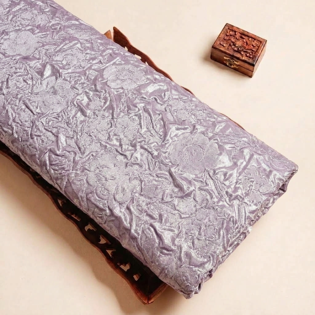 Folded Purple Embossed Foil Floral Crepe Fabric Highlighting Crushed and Texture