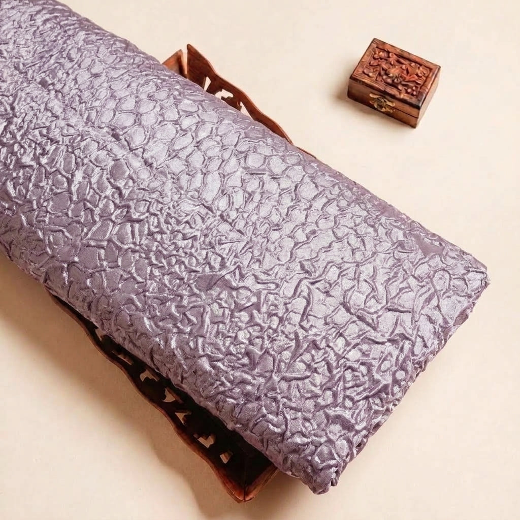 Folded Purple Embossed Foil Crepe Fabric Highlighting Crushed and Texture