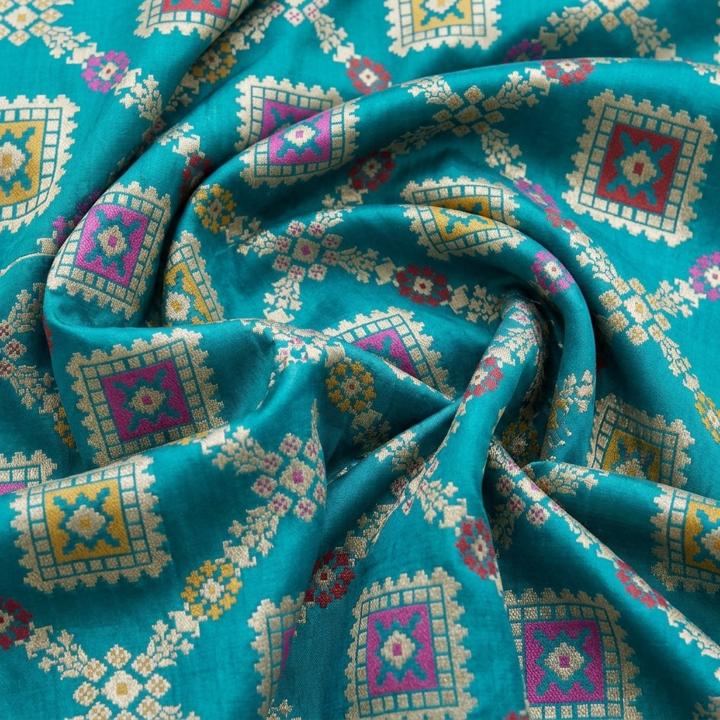 Swirled Patola Sea Blue Patola Banaras Fabric