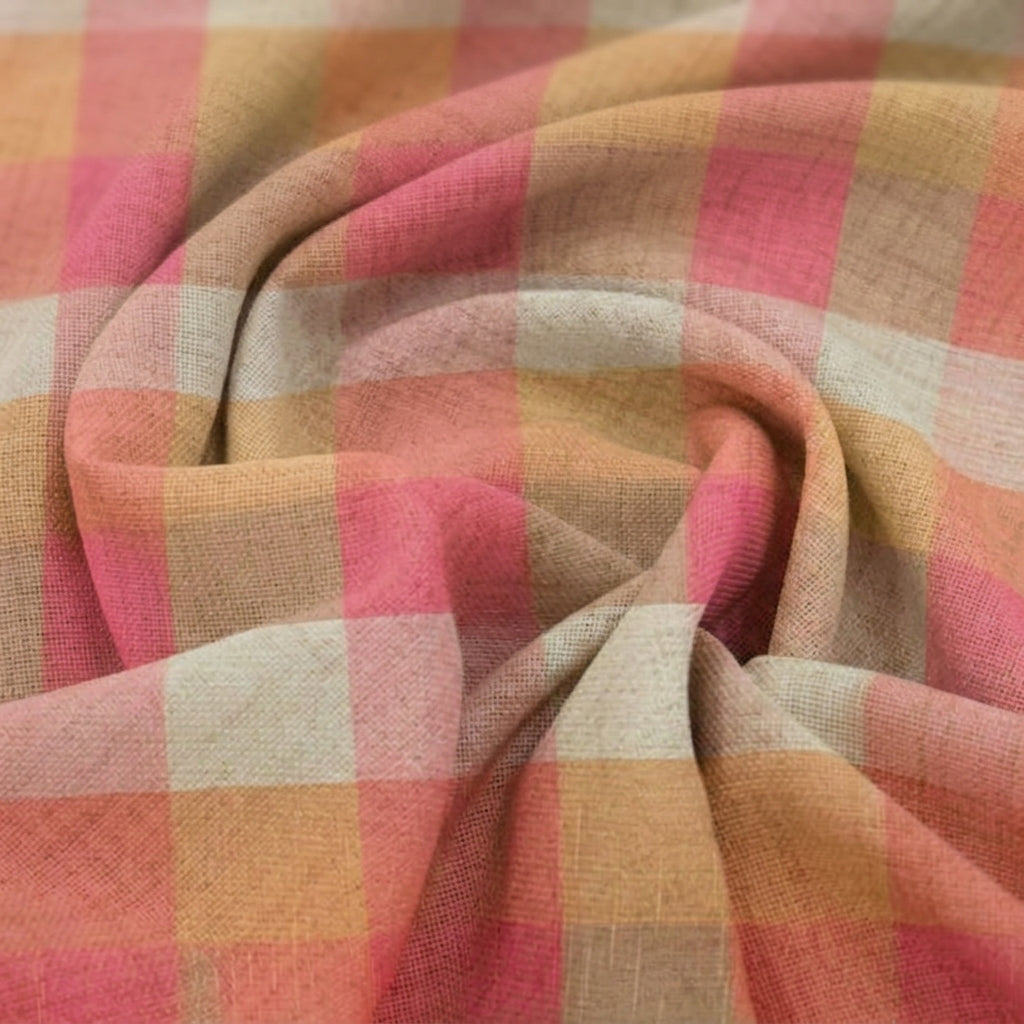 Swirled Checked Orange Checked Raw Silk Fabric