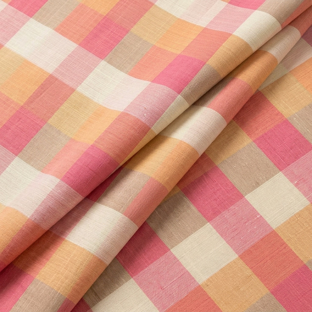 Folded Checked Orange Checked Raw Silk Fabric