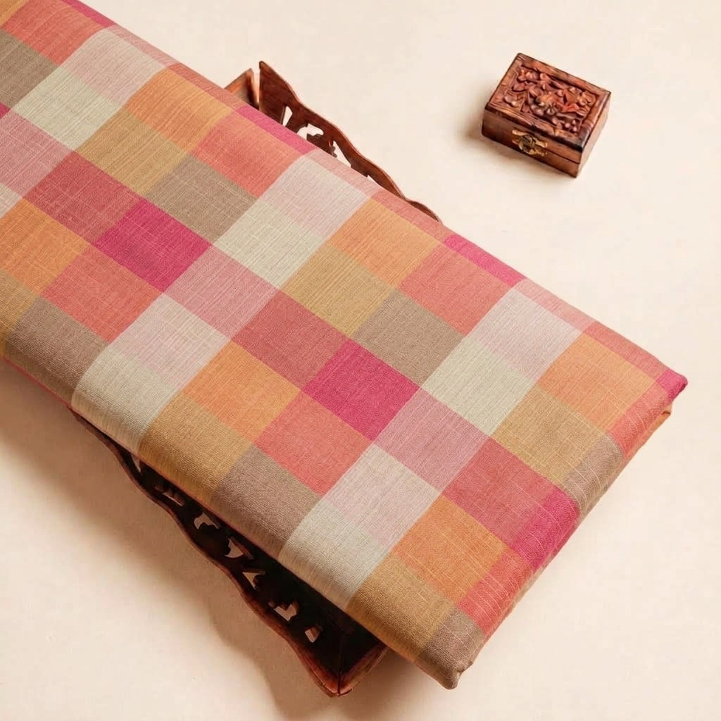 Folded Orange Checked Raw Silk Fabric Highlighting and Texture