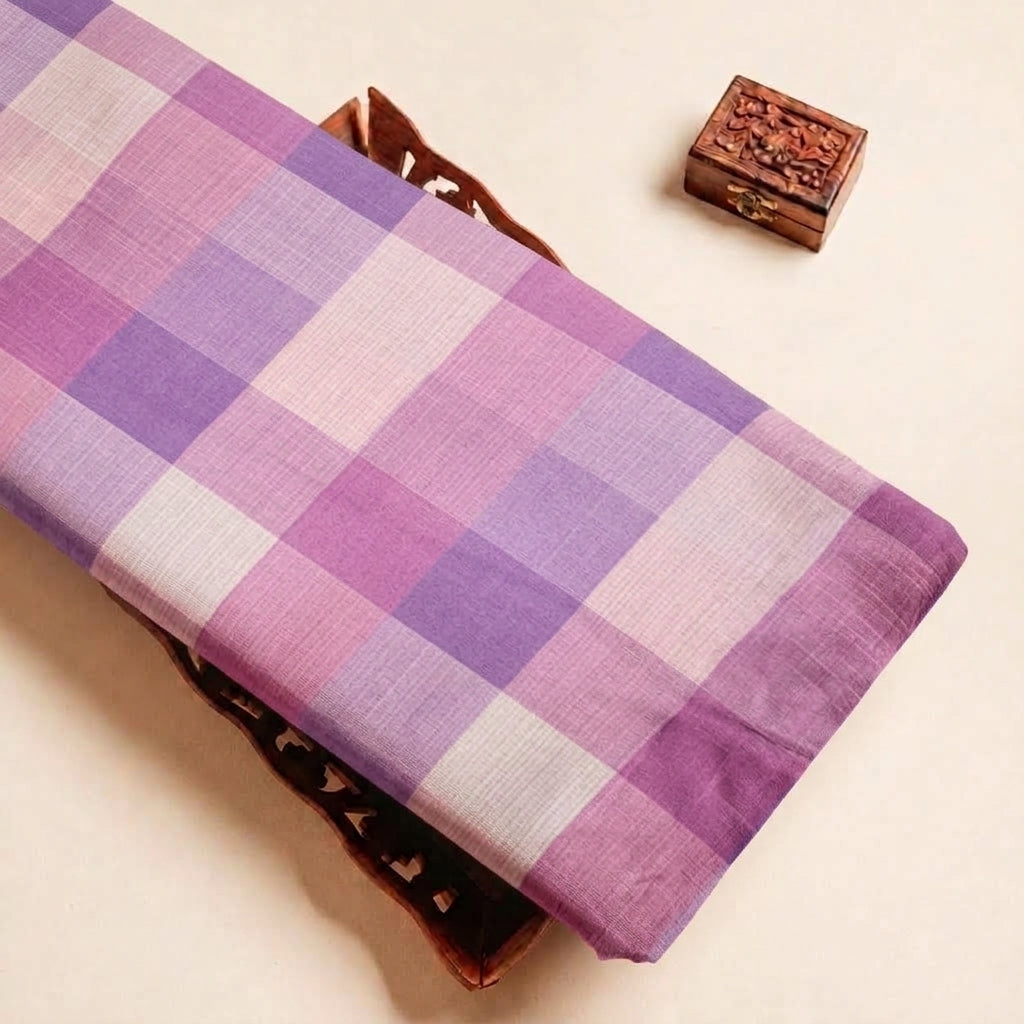 Folded Violet Checked Raw Silk Fabric Highlighting and Texture