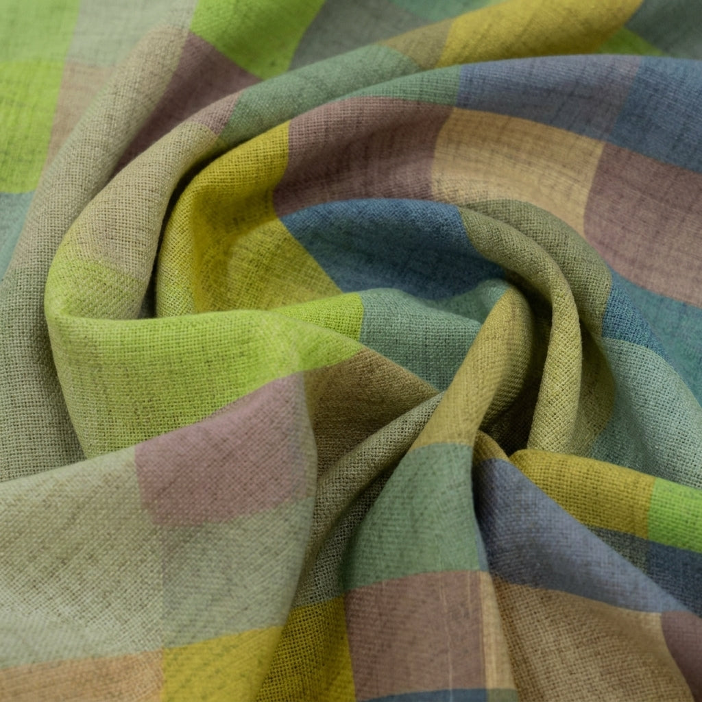 Swirled Checked Mehndi Green Checked Raw Silk Fabric