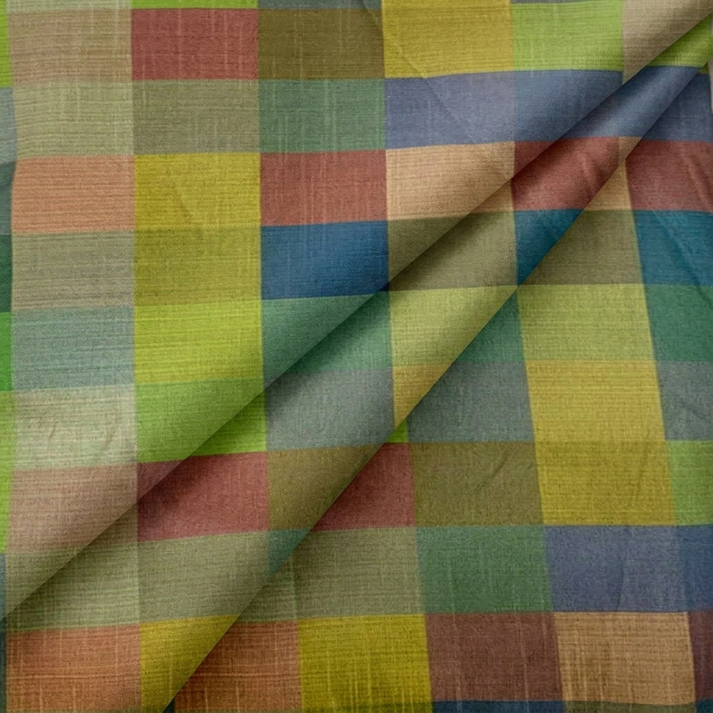 Folded Checked Mehndi Green Checked Raw Silk Fabric
