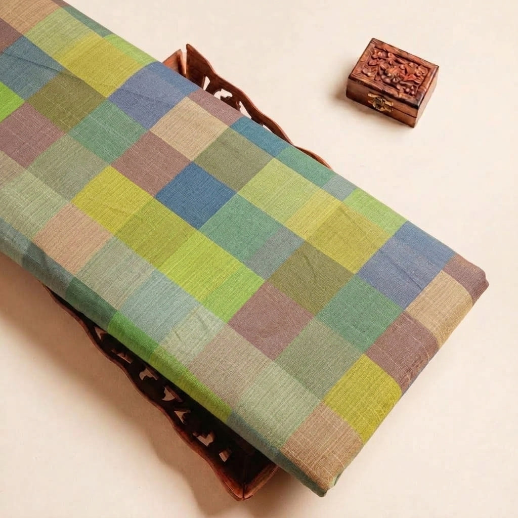 Folded Mehndi Green Checked Raw Silk Fabric Highlighting and Texture