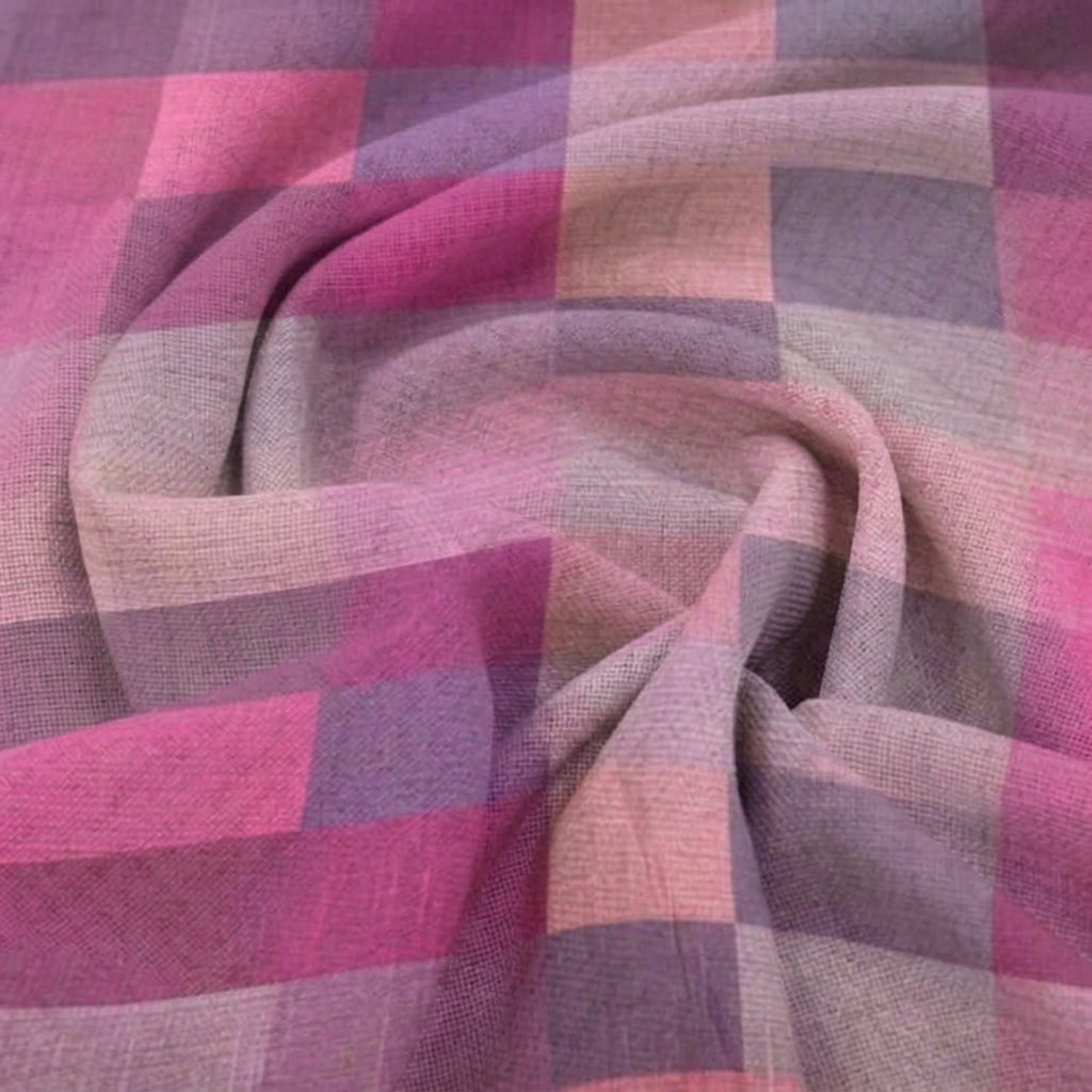 Swirled Checked Pink Checked Raw Silk Fabric